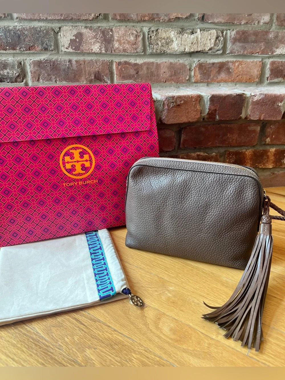 Tory Burch Brown Taupe Silver Maple Taylor Camera Crossbody Shoulder Bag